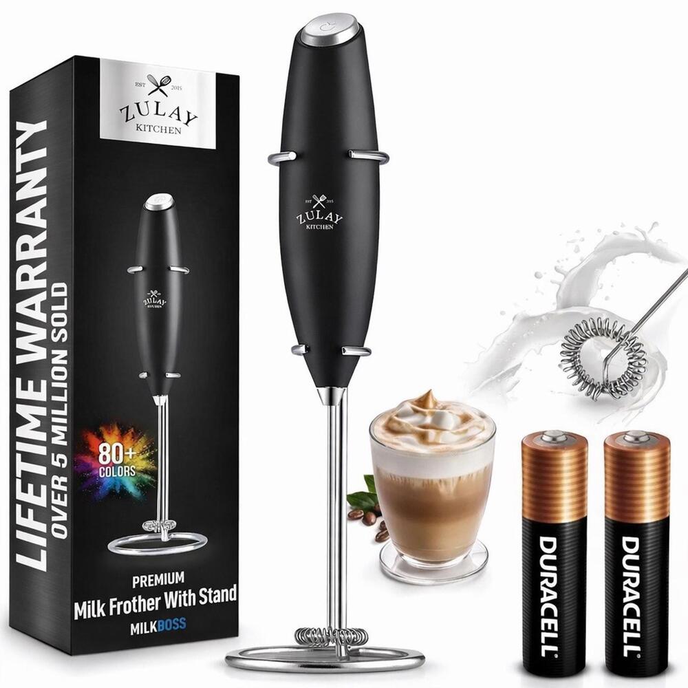 Zulay Kitchen Milk Frother Black With Stand MilkBoss Handheld Coffee Mixer NEW